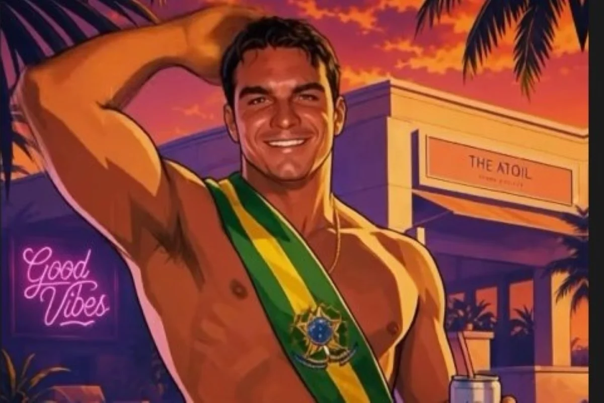 Flávio Bolsonaro posta vídeo de sunga e faixa presidencial com estética de GTA 6